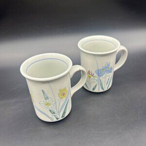 Vintage Floral Mugs Daffodil Iris Flowers Coffee Cups Pastel Blue Yellow Cottage